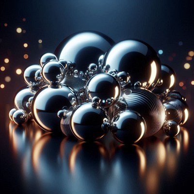 Shiny silver spheres against dark background