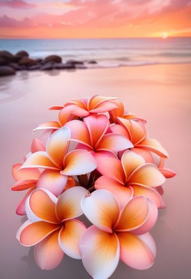 Pink frangipani flowers on beach at sunset