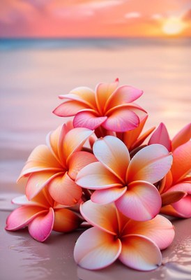 Plumeria flowers on beach at sunset