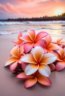 Plumeria flowers on beach at sunset