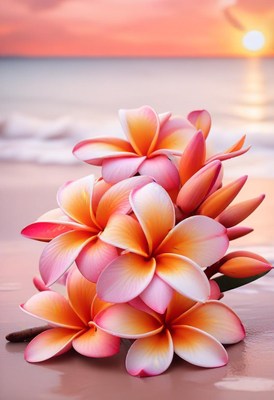 Plumeria flowers on sandy beach at sunset