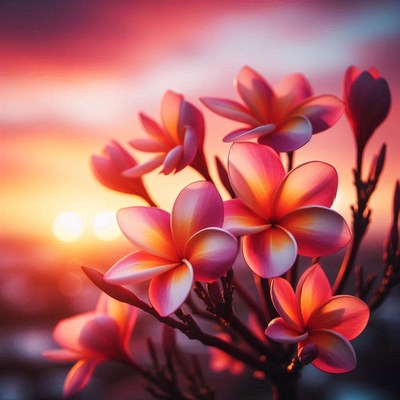 Pink plumeria flowers at sunset