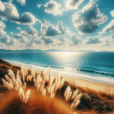 Coastal grass under sunny skies