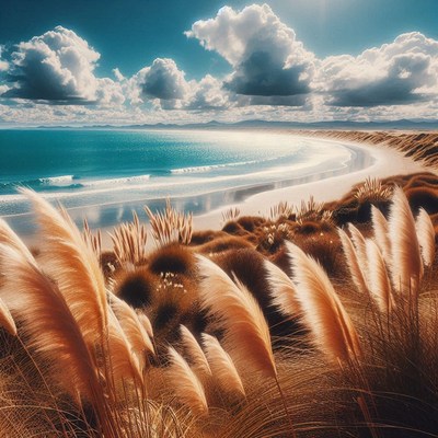 Coastal grasslands under a sunny sky