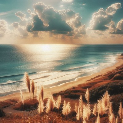 Coastal sunset with fluffy grass