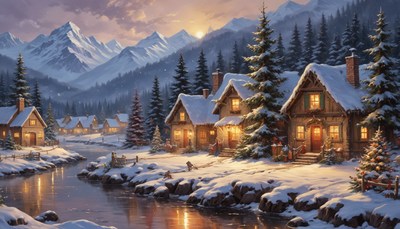 Snowy mountain cabin village at dusk