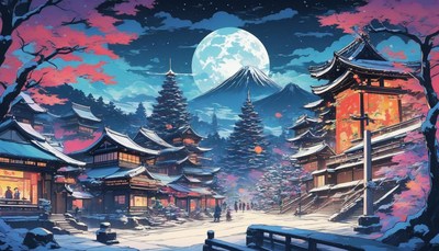 Snowy japanese village under full moon