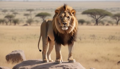 Lion standing on rock in savanna
