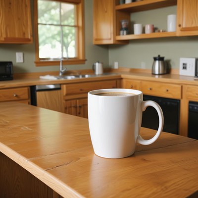 Coffee mug on kitchen countertop