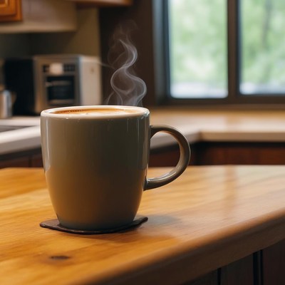 Steaming coffee on kitchen counter