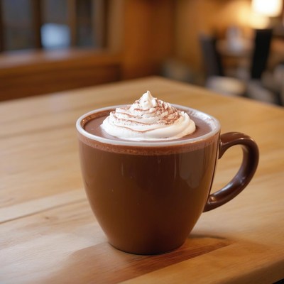 Whipped cream hot chocolate on wooden table