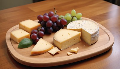Cheese and grapes on cutting board