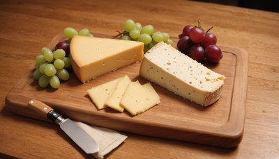 Cheese and grapes on cutting board