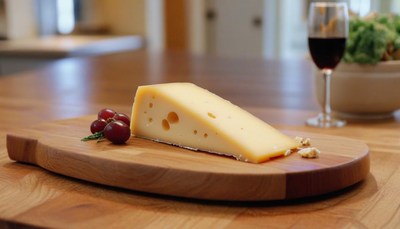 Cheese and grapes on a cutting board