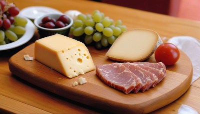 Cheese and meat platter on wooden board