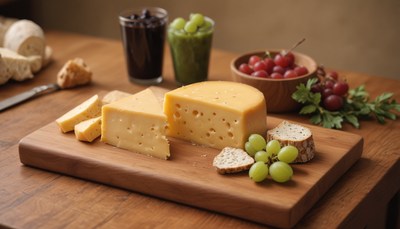 Cheese and fruit platter on wooden board