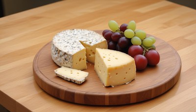 Cheese and grapes on wooden board