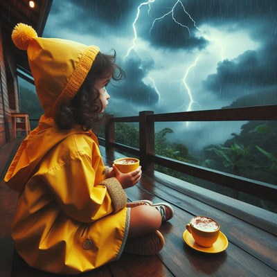 Girl watches storm with hot chocolate