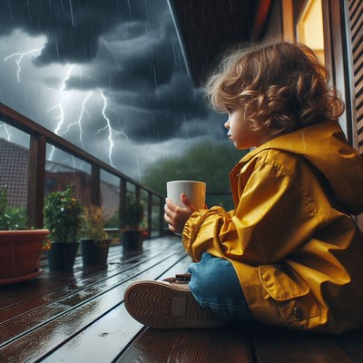 Child watches storm on patio