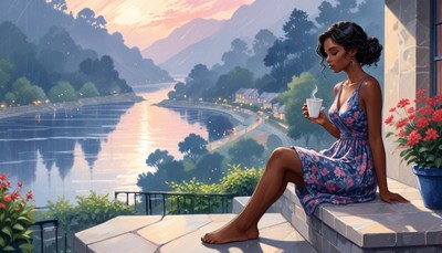 Woman enjoying coffee with view of bay