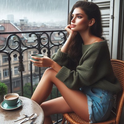 Woman sipping coffee on rainy balcony