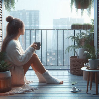 Woman enjoying coffee on rainy balcony