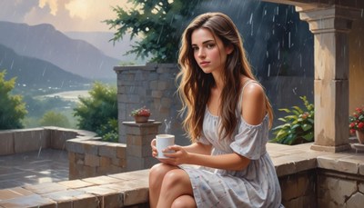Woman drinking coffee on patio during rain