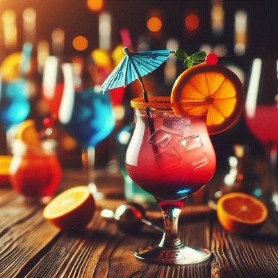 Cocktail with orange slice and umbrella