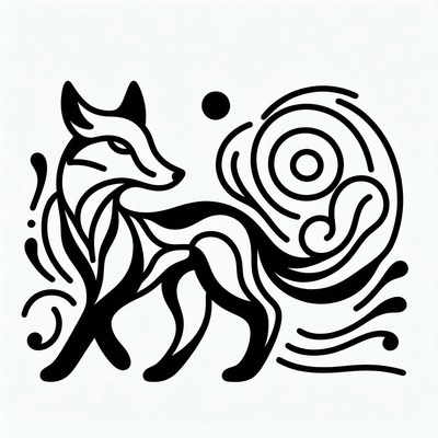 Black and white line drawing of a fox