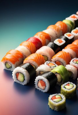 Assorted sushi rolls on blue background