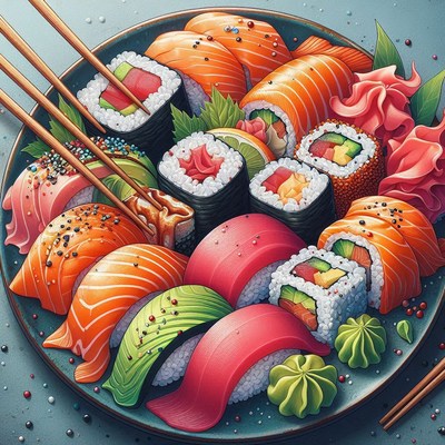 Sushi platter with chopsticks