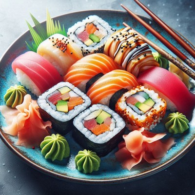 Assorted sushi rolls on a blue plate