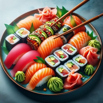 Sushi platter with chopsticks