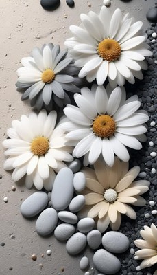 White daisies and stones