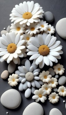 White daisies and stones on black background