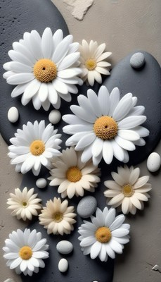 White daisies and pebbles on gray background