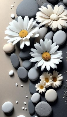 Daisies and stones on a beige surface