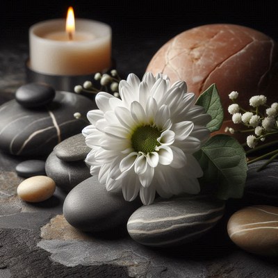 White flower and stones with candle