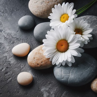 Daisies and stones on a grey background