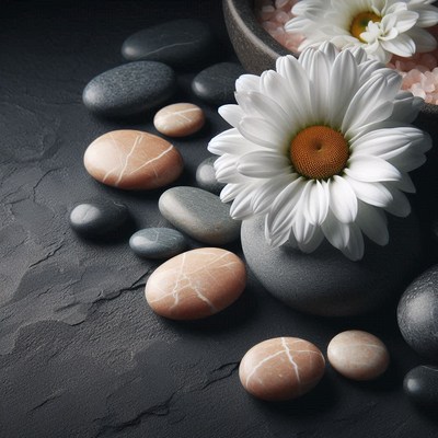 White daisy and stones on black surface