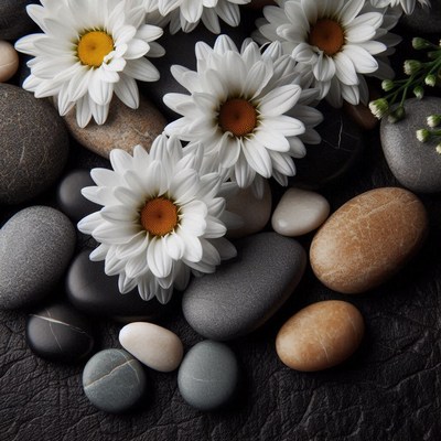 White daisies and smooth stones