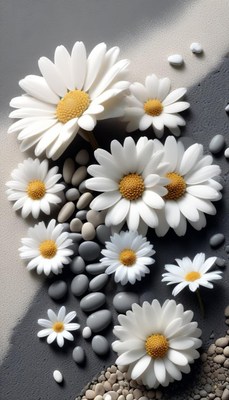 White daisies and stones