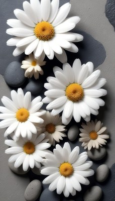 Daisies and stones on grey surface