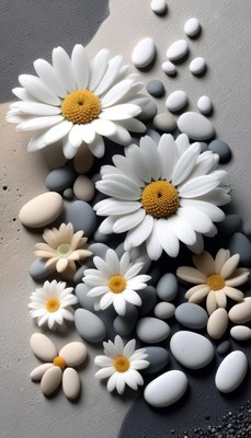 White daisies and stones