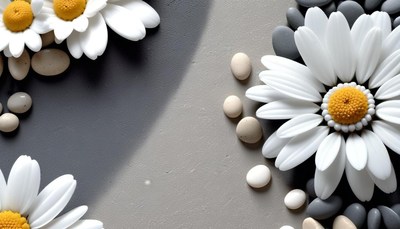 White daisies and stones on gray background