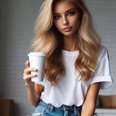 Blonde woman holding coffee cup