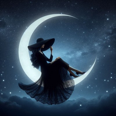 Woman sitting on crescent moon at night