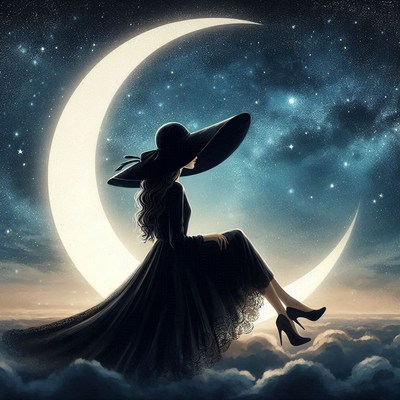 Woman sitting on crescent moon