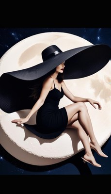 Woman in black dress and hat sitting on a moon