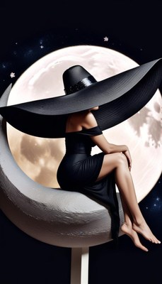 Woman in black hat sitting on crescent moon
